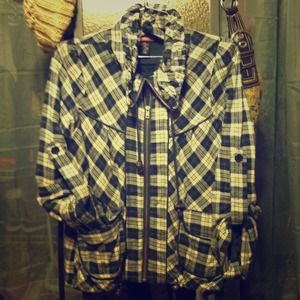 Lightweight plaid, drawstring jacket.