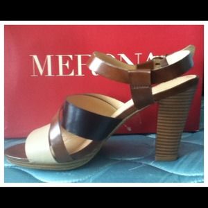 Colorblock sandal heel 9 brown black cream neutral