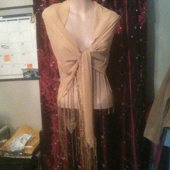 Gold chiffon scarf / shawl with beads & fringe