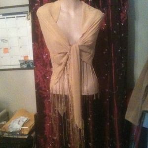 Gold chiffon scarf / shawl with beads & fringe