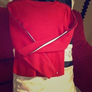 Red crew neck navy and white detail on sleeves