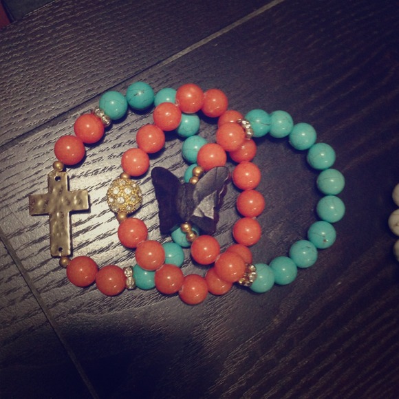 Turquoise & Orange Bracelet Set -Cross & Butterfly