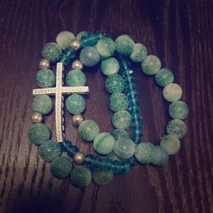 Turquoise Crystal Silver Cross Triple Bracelet