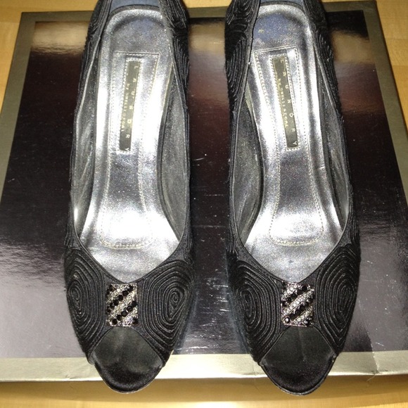 Black satin open toe pumps by LAUNDRY