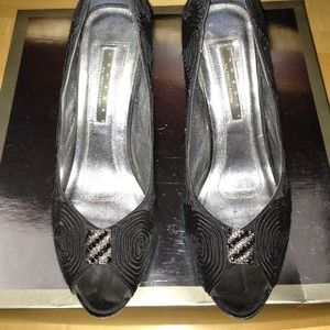 Black satin open toe pumps by LAUNDRY