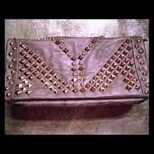 Gray & Gold Studded Clutch with Chain Strap