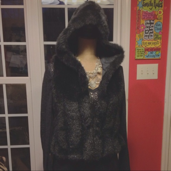 SOLD Faux Black Mink Hooded Vest by INC. SOLS