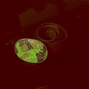 Brown leather belt w/rhinestone army print buckle