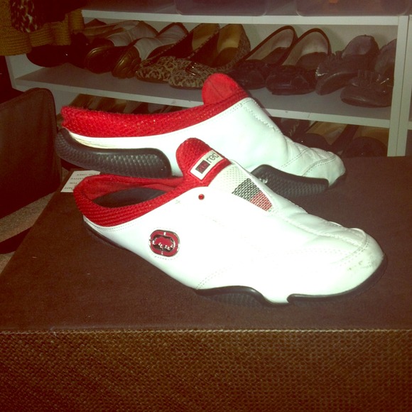 White with red slip on sneakers