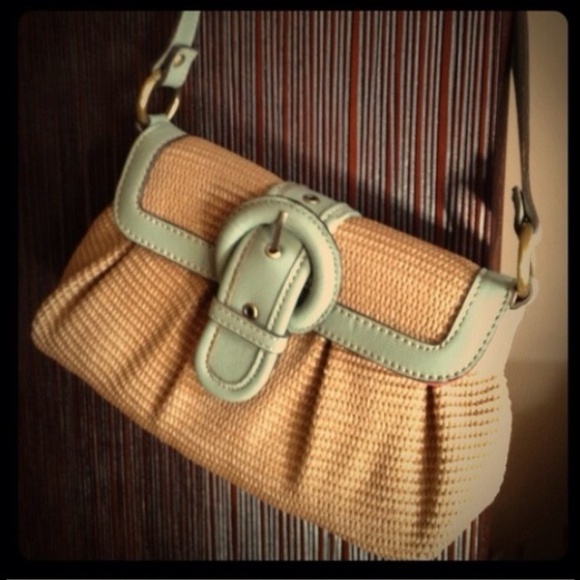 Cute clutch shoulder purse. Natural grass w aqua - Picture 2 of 4