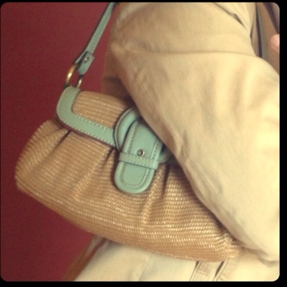 Cute clutch shoulder purse. Natural grass w aqua - Picture 3 of 4