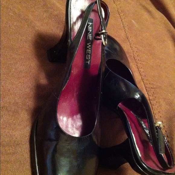 NINE WEST Black leather square toe 3" mule heels