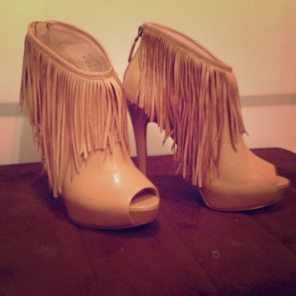 Peep Toe Camel Fringe Heels