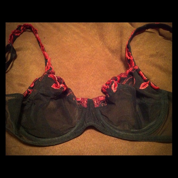 Sheer black & red embroidered bra