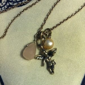 Tiny cherub pendant with pearl and rose quartz