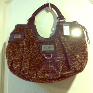 NEW! Authentic Guess Black Leopard Leather Handbag
