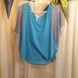 Teal striped and lace blouse