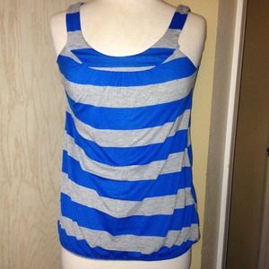 Striped blue and gray top.