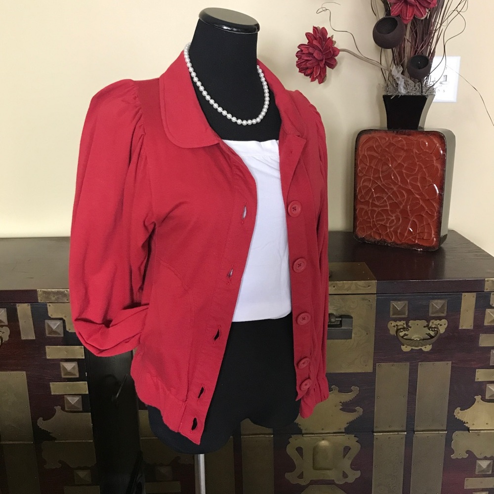 Kimchi & Blue Red Balloon Sleeve Bomber Jacket