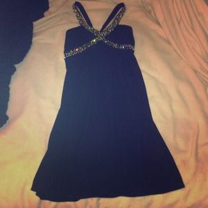 Black BCBGMAX dress with green beading.