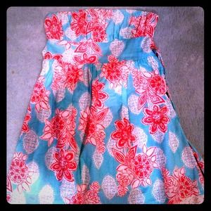 Turqoise and coral strapless cotton dress
