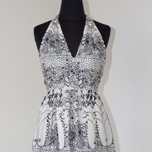 ANNA SUI CREAM AND BLK PRINT HALTER DRESS size 2