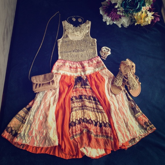 🚫BUNDLED🚫Orange, brown, sequin and lace skirt