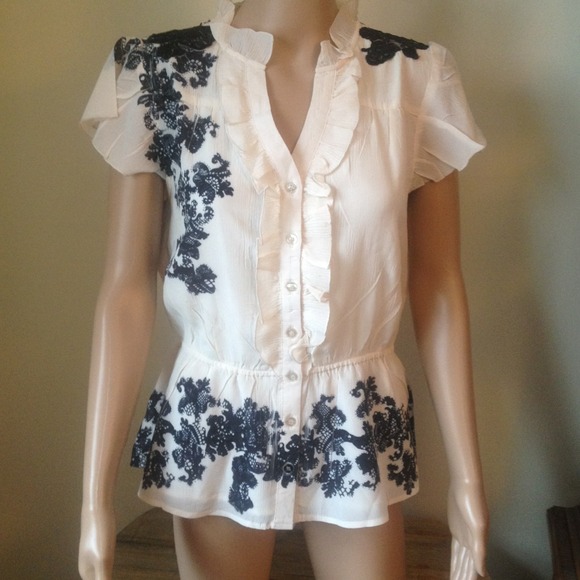 Beautiful Creme and Black Floral Peplum Blouse