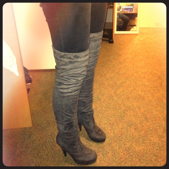 Reserved. High Knee Gray Faux Suede Boots