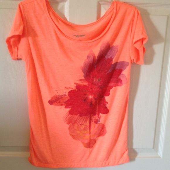Peach Orange Top W/ Red Flowers