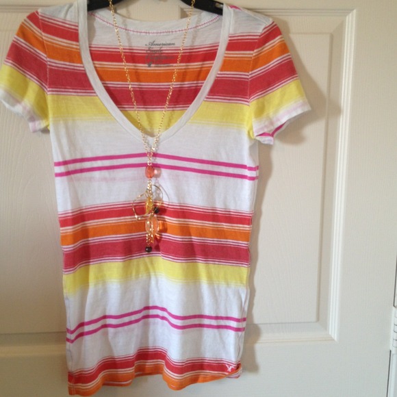 Orange, Red, Pink, Yellow & White Striped Top