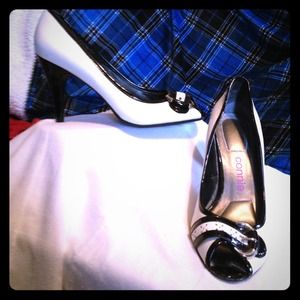 White & Black Heels with Buckles.