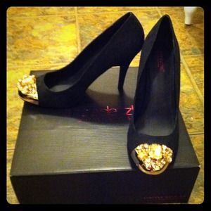 Gold Jeweled Toe Black Suede Pumps