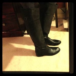 Black faux leather knee high boots