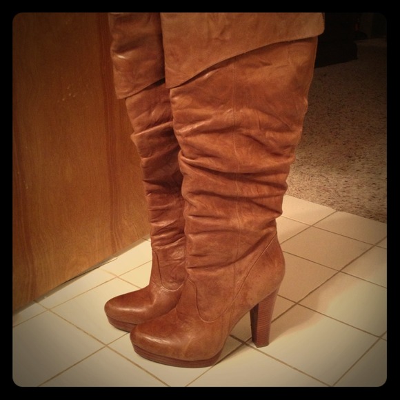 Genuine leather knee high boots, light brown.