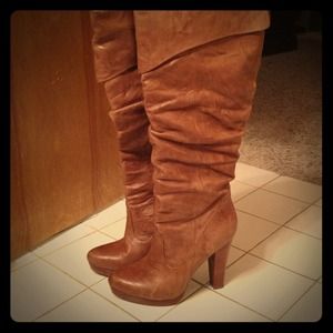 Genuine leather knee high boots, light brown.