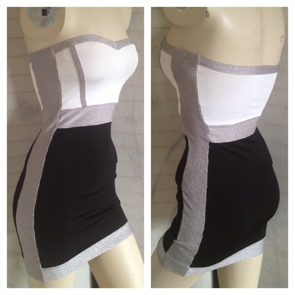 SOLD Bebe White Silver Bandage Bodycon Dress - Picture 2 of 4