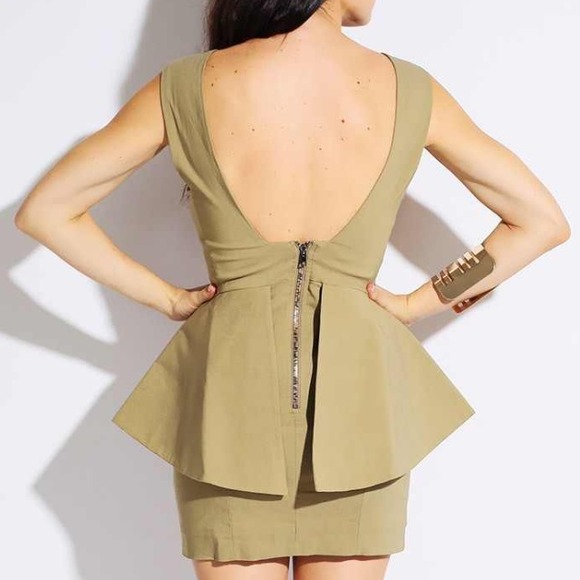Khaki Backless Exposed Zip Peplum Party MiniDress - Picture 4 of 4