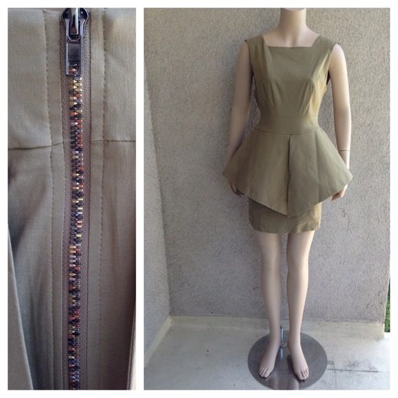 Khaki Backless Exposed Zip Peplum Party MiniDress - Picture 2 of 4