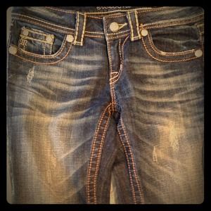 Miss Me Jeans with stud pockets,brown embroidery