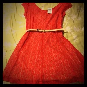Red lace over nude, belted sundress. NWT. Size S