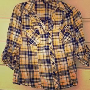 Yellow, black and white plaid long sleeve shirt