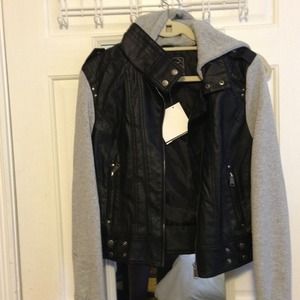 Leather zip up jacket with fleece hood and sleeves