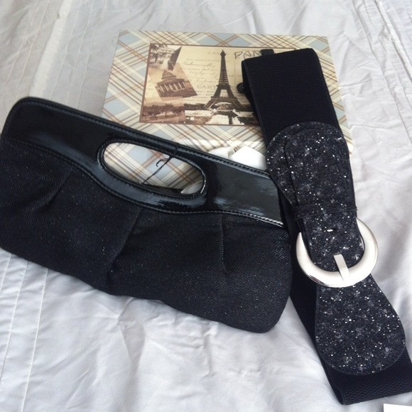 💛Sold💛Black Shimmer Clutch and Bow Belt Bundle