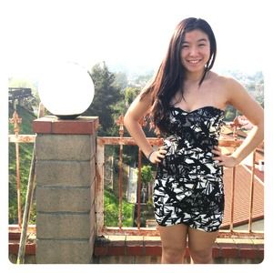 strapless black and white mini-dress