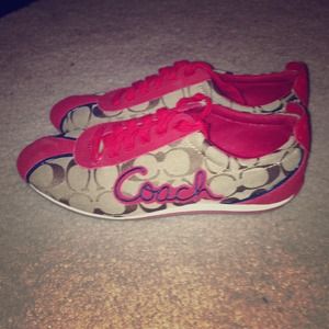 Beige and red coach sneakers