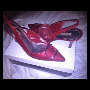 Red patent leather slingback heels