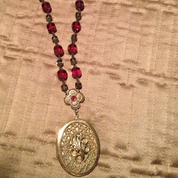 ---SOLD Vintage style Locket and red bead necklace