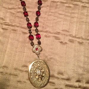 ---SOLD Vintage style Locket and red bead necklace
