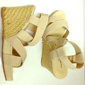 Straw and elastic bandage cream colored wedges